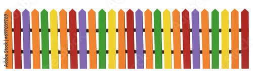 Close-up image of a multi-colored wooden fence isolated on transparent background.