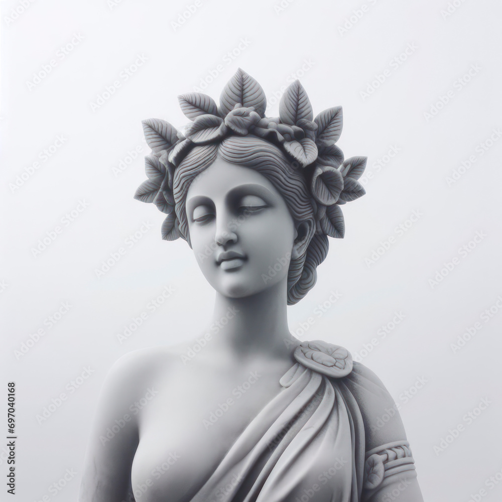 A statue of a woman with leaves around her neck on solid fog background. ai generative