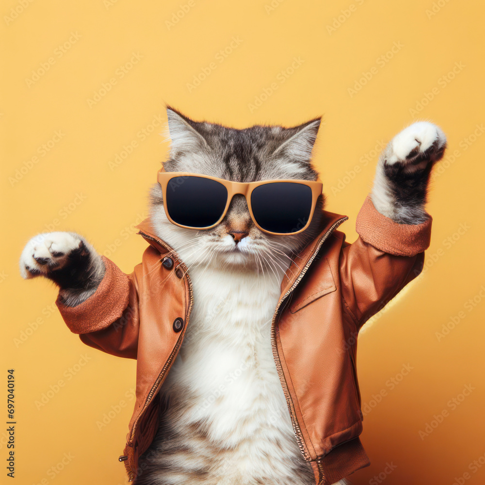 a stylish cat wearing sunglasses and a jacket, dancing with joy on solid color background. ai generative - obrazy, fototapety, plakaty 