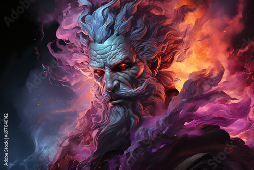 sorcerer, warlock, evil magician, witcher. a negative fantasy character. portrait of a man with a mustache and curly beard, colorful illustration.