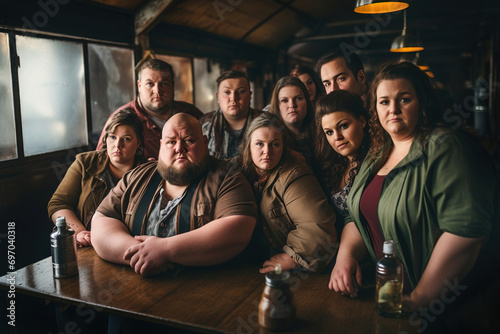 A group of fat plus-size people sitting at a bar.