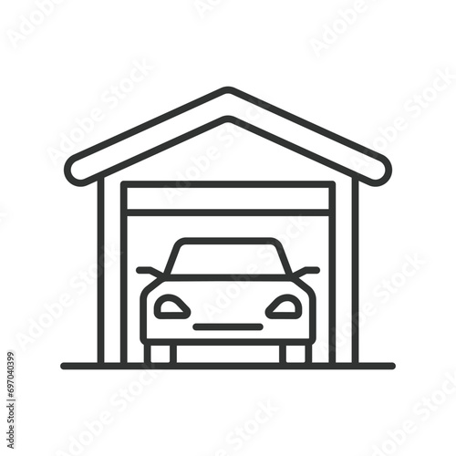 Garage icon line design. Icon, vehicle, carport, storage, automobile, car vector illustration. Garage editable stroke icon.