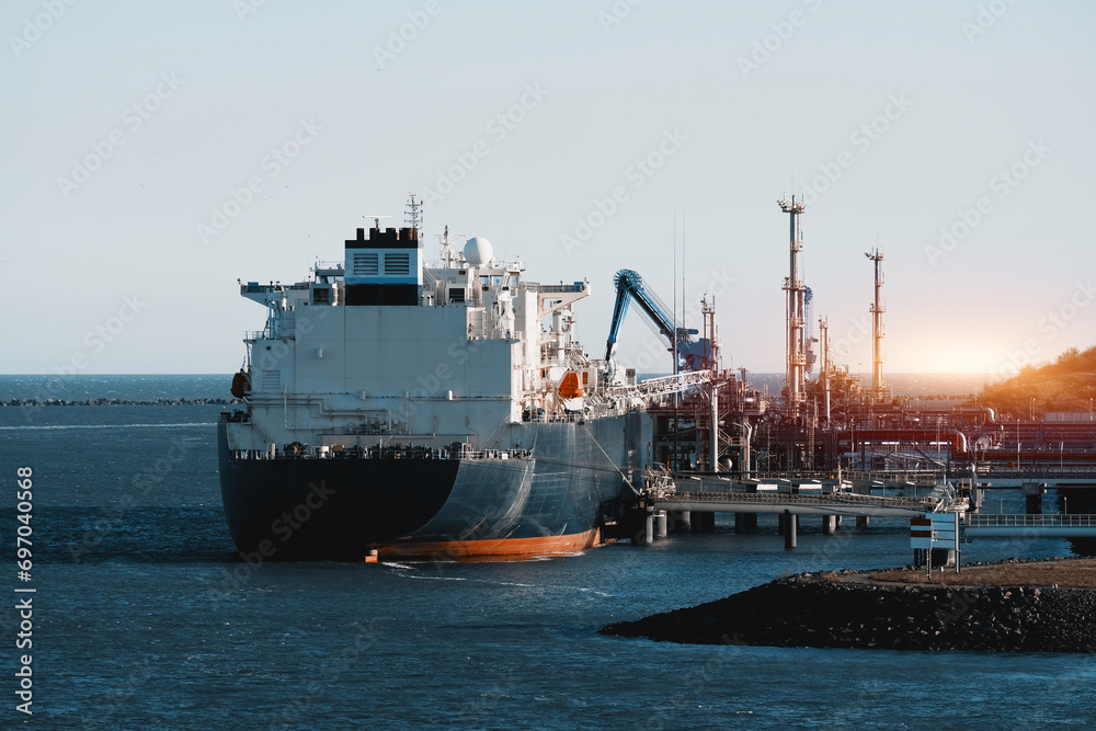 Large LNG Tanker Carrier During Cargo Operations At The Offshore Gas Terminal