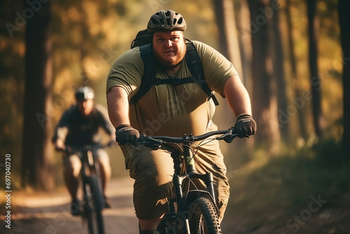 A group of fat overweight people riding bikes in a park. photo