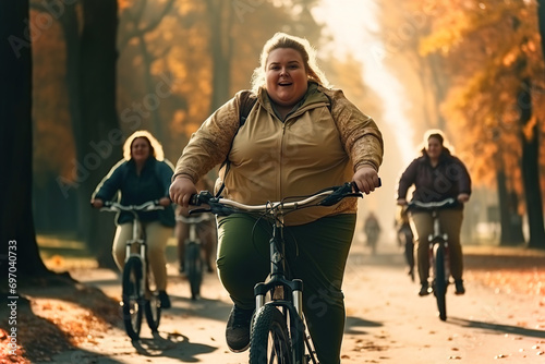 A group of fat overweight people riding bikes in a park. © Degimages