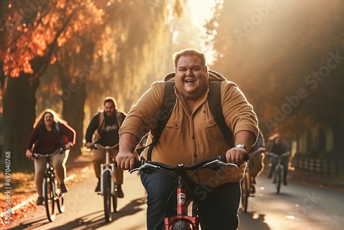 A group of fat overweight people riding bikes in a park. © Degimages