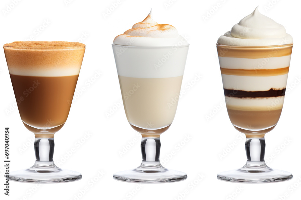 Glasses with cappuccino and high swirling cream foam. Glasses with cappuccino and high swirling cream foam.