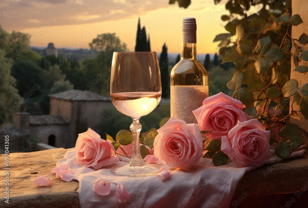 wine in a glass with roses