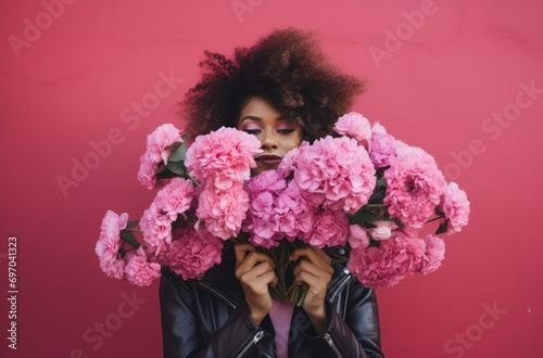 woman holding flowers against pink background