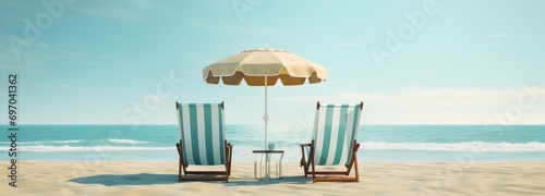 two chairs sit on the beach and have umbrellas on the top