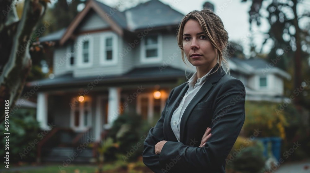 woman in business suit standing in front of house after signing a contrac