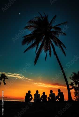 sunset group of people by a palm tree