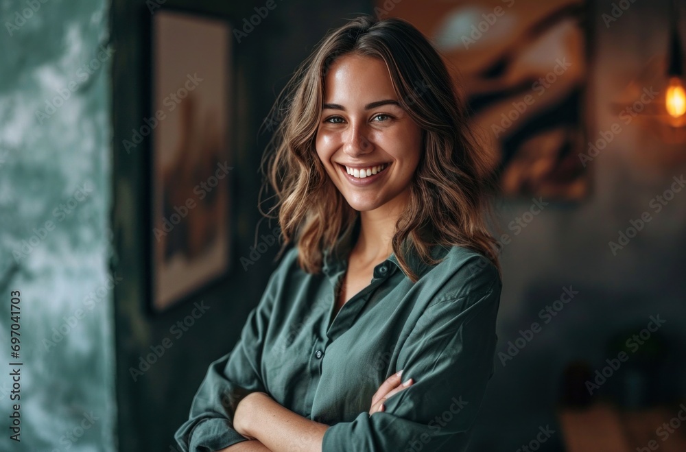 Naklejka premium young woman in office smiling with her arms crossed