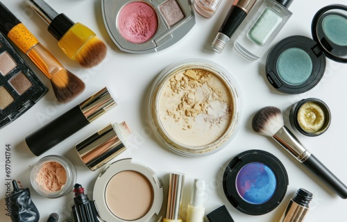 various makeup products is shown in a circle on a white background