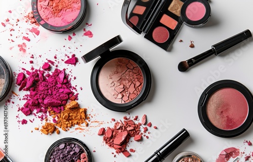 various makeup products is shown in a circle on a white background