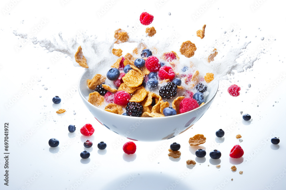 Bowl with corn flakes, berries and splash and drops of milk around. Bowl with corn flakes, berries and splash and drops of milk around.