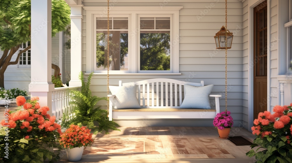 A classic front porch with a porch swing, potted flowers, and a welcoming atmosphere - obrazy, fototapety, plakaty 