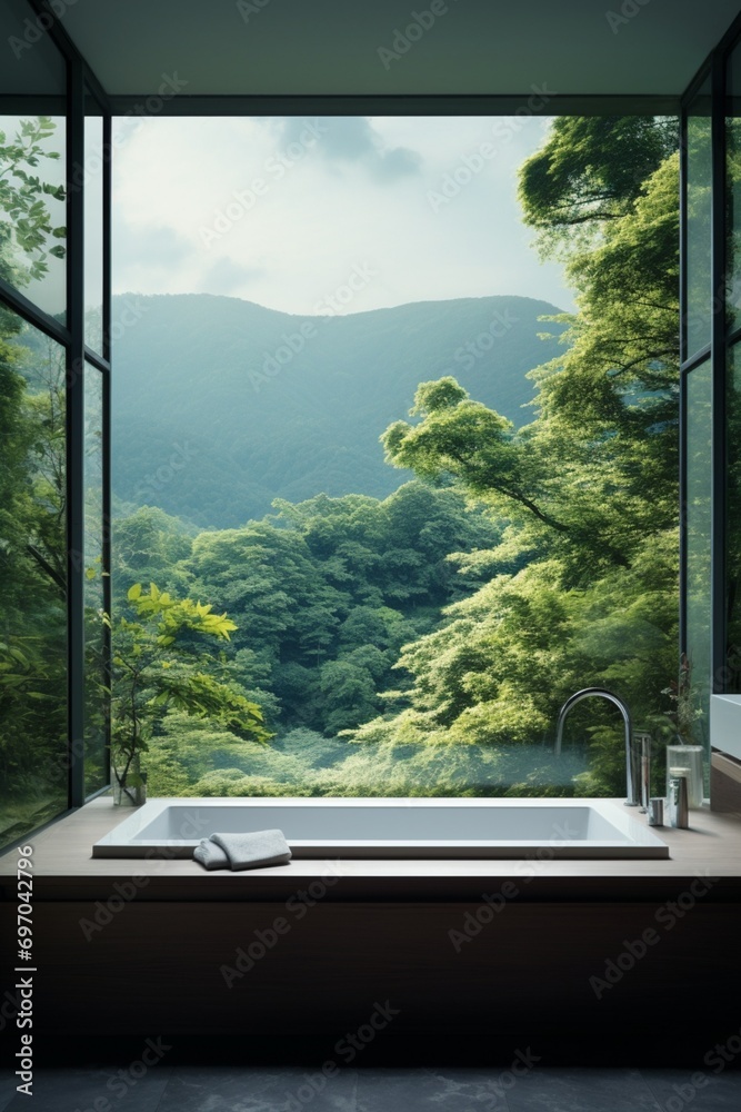 A clean, transparent glass window with a view of a serene landscape.