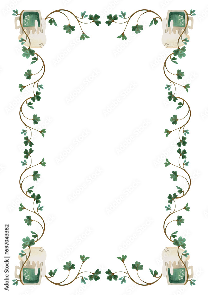 Frame of twigs of shamrock clover with mugs of green ale. Decoration for St. Patrick's Day. Isolated watercolor illustration on white background. Clipart.