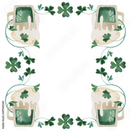 Frame of twigs of shamrock clover with mugs of green ale. Decoration for St. Patrick s Day. Isolated watercolor illustration on white background. Clipart.