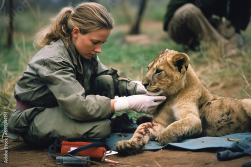 A woman wildlife biologists rehabilitator helps an injured little lion cubÐ»