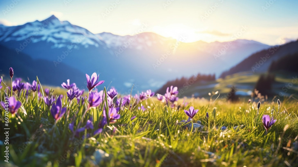 copy space, stockphoto, beautiful alpine meadow with wild purple narcisses during spring time, warm morning light. View on wild crocus flowers in the alps during sunrise. Early morning alpine langscap - obrazy, fototapety, plakaty 
