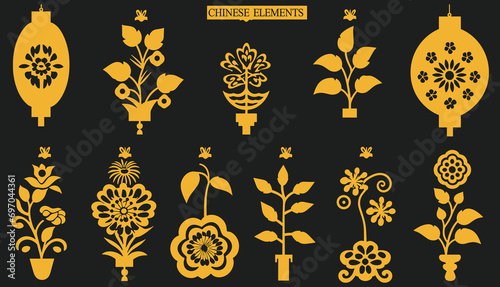 Chinese Cultural Elements: Festive Lanterns, Floral Ornamentation, Traditional Oriental Vector Set for Holiday Illustrations