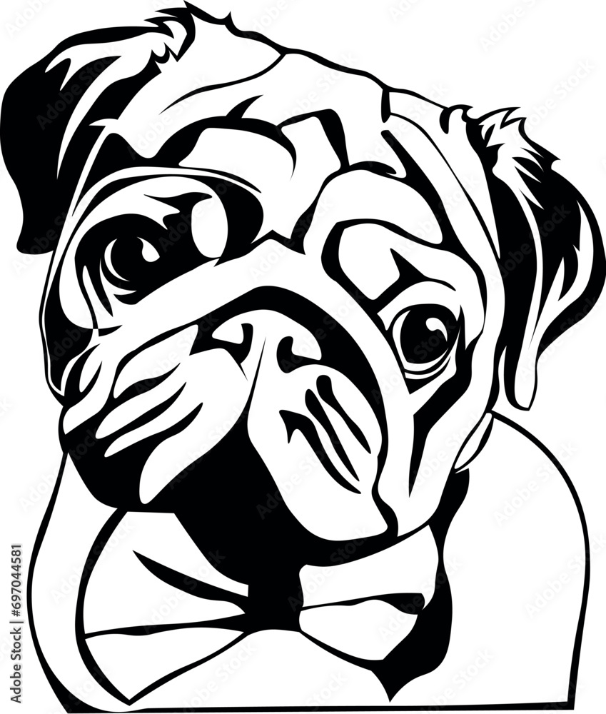 Cartoon Black and White Isolated Illustration Vector Of A Pet Puppy Dog Pugs Face and Head