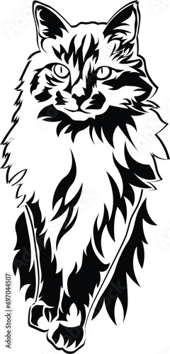 Cartoon Black and White Isolated Illustration Vector Of A Feline Kitty Cat Sitting Down