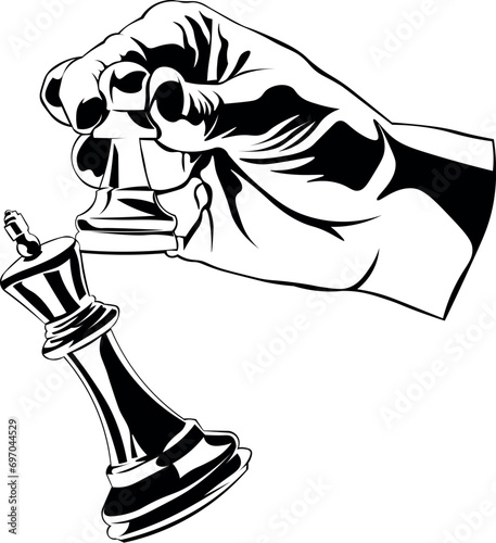 Cartoon Black and White Isolated Illustration Vector Of A Hand Knocking Down The King Chess Piece Winning Chess