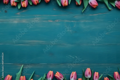 Frame of tulips on turquoise rustic wooden background. Spring flowers. Neural network AI generated art #697044534