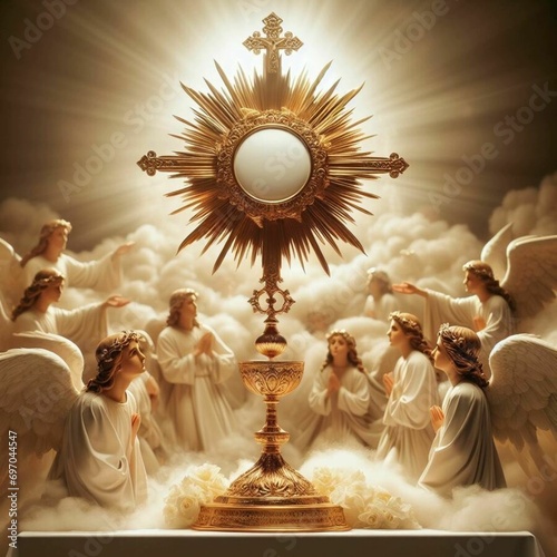 Blessed Sacrament exposed in the monstrance with angels worshiping photo