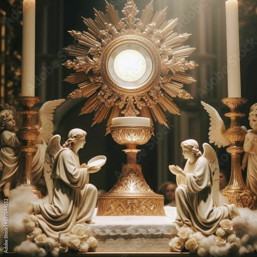 Blessed Sacrament exposed in the monstrance surrounded by angels photo