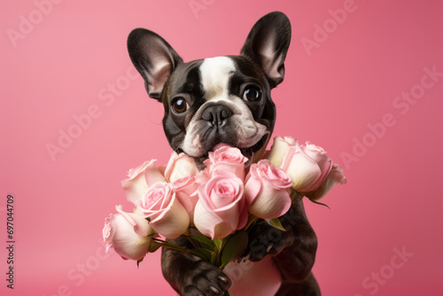 Dog giving a bouquet of flowers. Dog is holding flowers in the paws on pink background. Generative AI