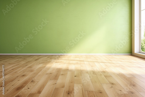 Living room with sunlight shine through a sliding door, wooden floor, green wall. Generative AI