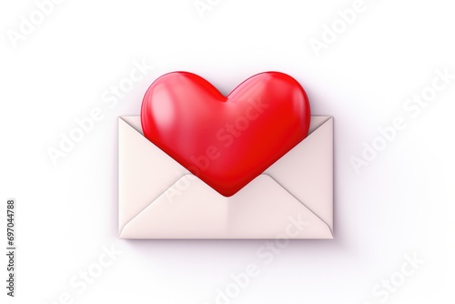 white envelope with red heart for valentine day on white background
