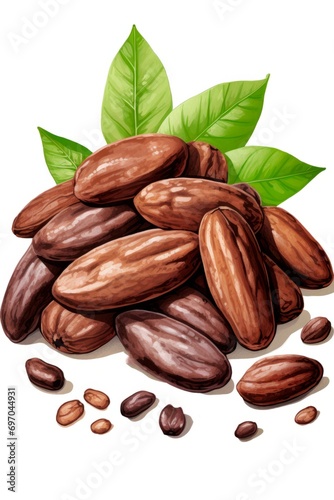 Various cocoa pods, cocoa beans and leaves isolate on a white background