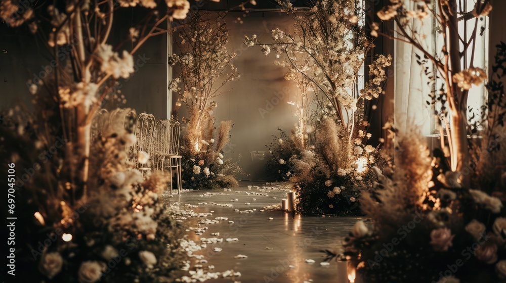 Elegant Wedding Boutique with Trees, Flowers, and Lights Creating Fairytale Vibes