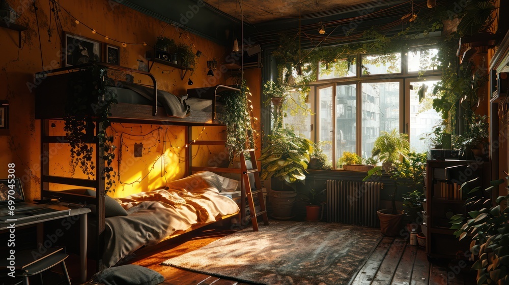 Stylish Aesthetic Bedroom with Bunk Bed and Night Lights Stylish Aesthetic Bedroom with Bunk Bed and Night Lights