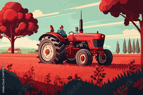 Tractor working the field, agricultural equipment, vector illustration generative AI