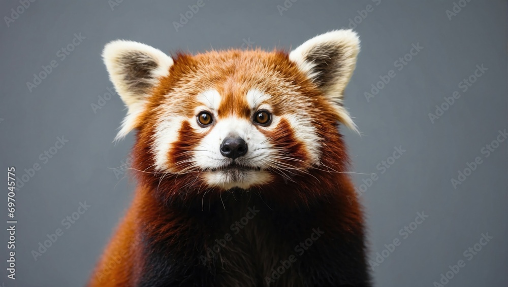 Obraz premium A curious Red Panda looks forward with an intense gaze, its rich red and black fur standing out against a neutral studio background.
