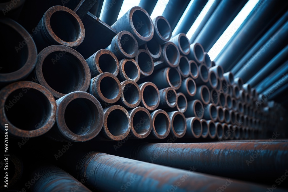 Steel pipes inside the factory or warehouse. Industrial production Steel pipes inside the factory or warehouse. Industrial production