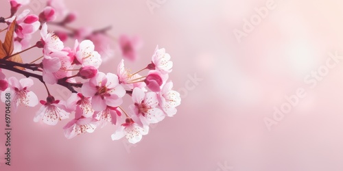 Beautiful nature spring background with a branch of blooming sakura. Copy space for text