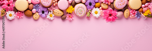 Lots of flowers and colorful Easter eggs on a pink background with copy space.