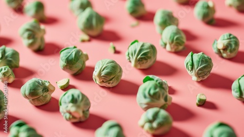 Pastel Green Brussels Sprout on Pastel Pink Background