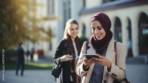 copy space, stockphoto, Portrait of two Muslim female students in traditional headscarf using laptop and phone in university campus. Education theme. Muslim woman on university. photo