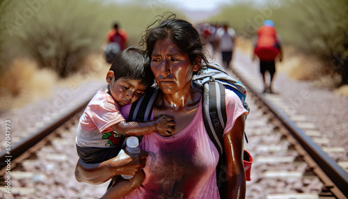A South American Migrant Mother carrying a child  in search of a better life,forced to migrate due to poverty, food insecurity, or violence due to a dominating drug trade