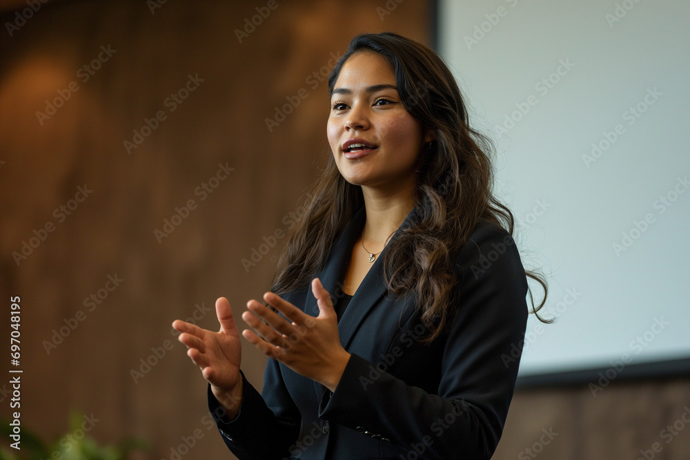 Empowering Latina Businesswoman Leading Seminar: Corporate Leadership and Professional Excellence - obrazy, fototapety, plakaty 