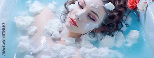 the girl lies in a foam bath. vacation photo