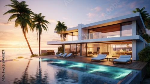 Holiday home with sea views and infinity pool in modern design, Vacation home for big family, Sunset lighting © Anzhela